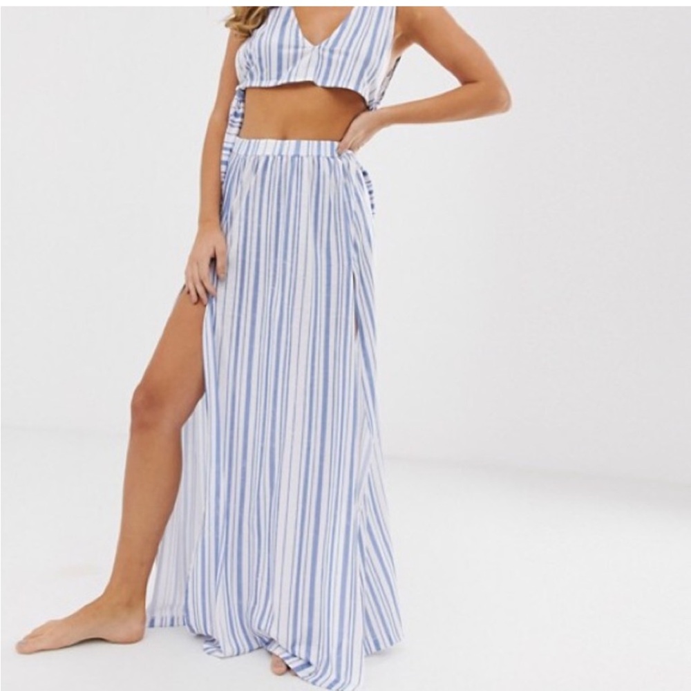 NWT ASOS Maxi Slit  Skirt with side tie crop top set blue and white stipe Small